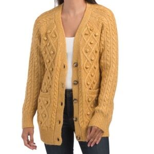 Cupcakes and Cashmere Gold Cable Knit V-neck Pom Pom Cardigan Size Medium